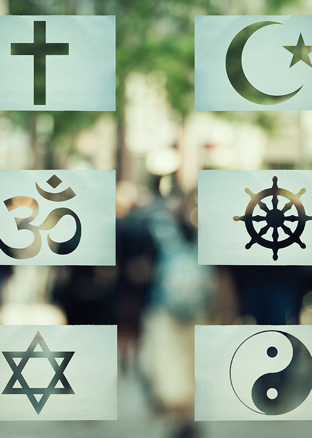 Six stencils each with a different religious symbol
