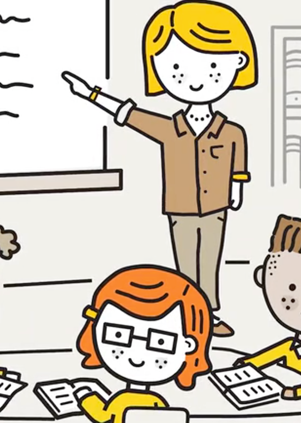 Illustration of teacher and children in the classroom