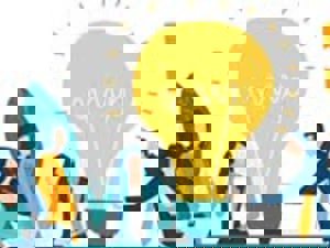 Illustration of people around a lightbulb and jigsaw graphics in the background