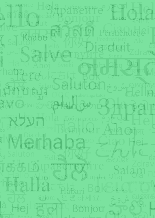 Image of words for "hello" in different languages behind Junior Cycle sector colours