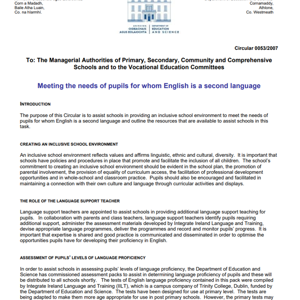 Circular for English as an Additional Language