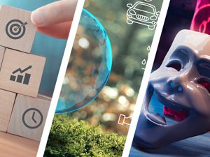 Slices of three images side by side: a hand holding cubes with graphics; environmental graphics; and a comedy ceramic mask