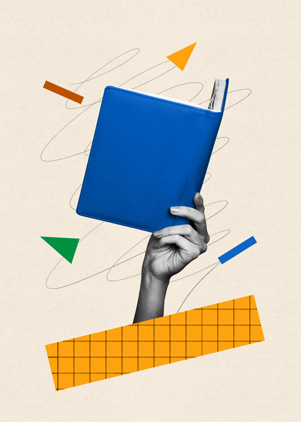 Photogrphed hand holding an open blue book in portrait format