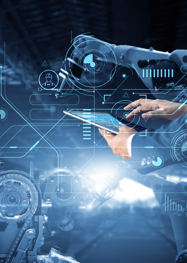 A close up illustration of a person using a tablet device to operate machinery in a high-tech environment