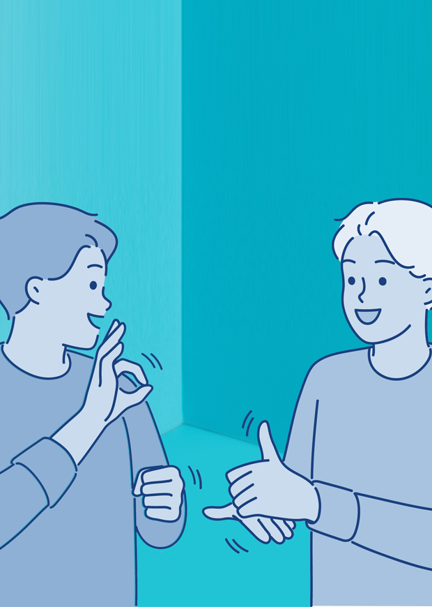 This is an image of two students engaging in sign language.